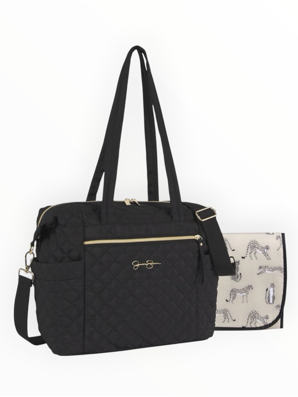 Jessica Simpson Quilted Diaper Bag Tote Black Cheetah Lining Changing Pad